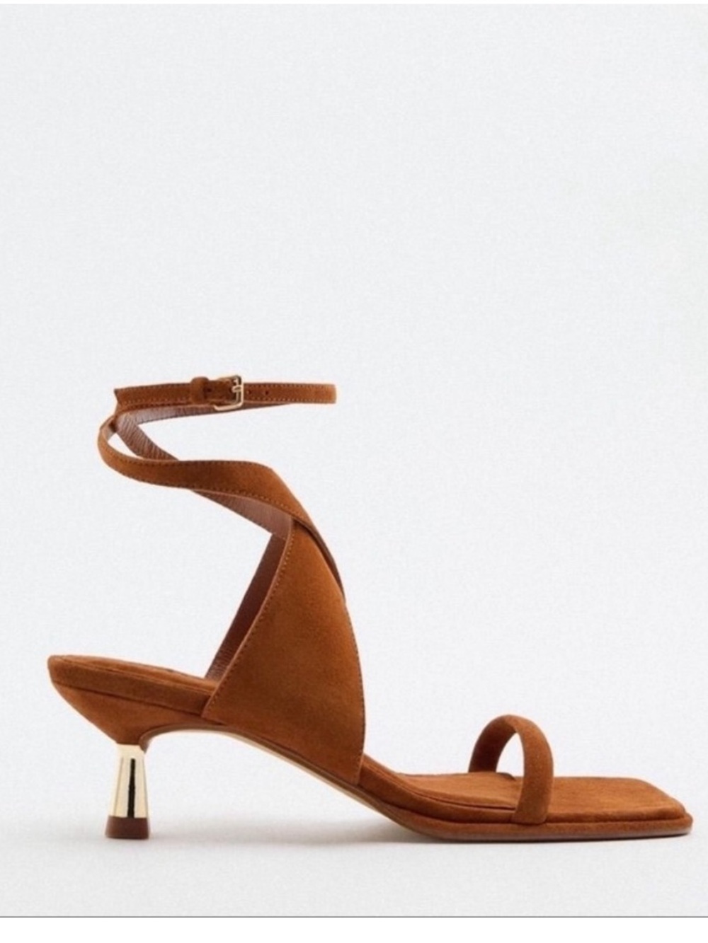 ZARA Brown Suede Ankle-Wrap kitten Heel Sandals
